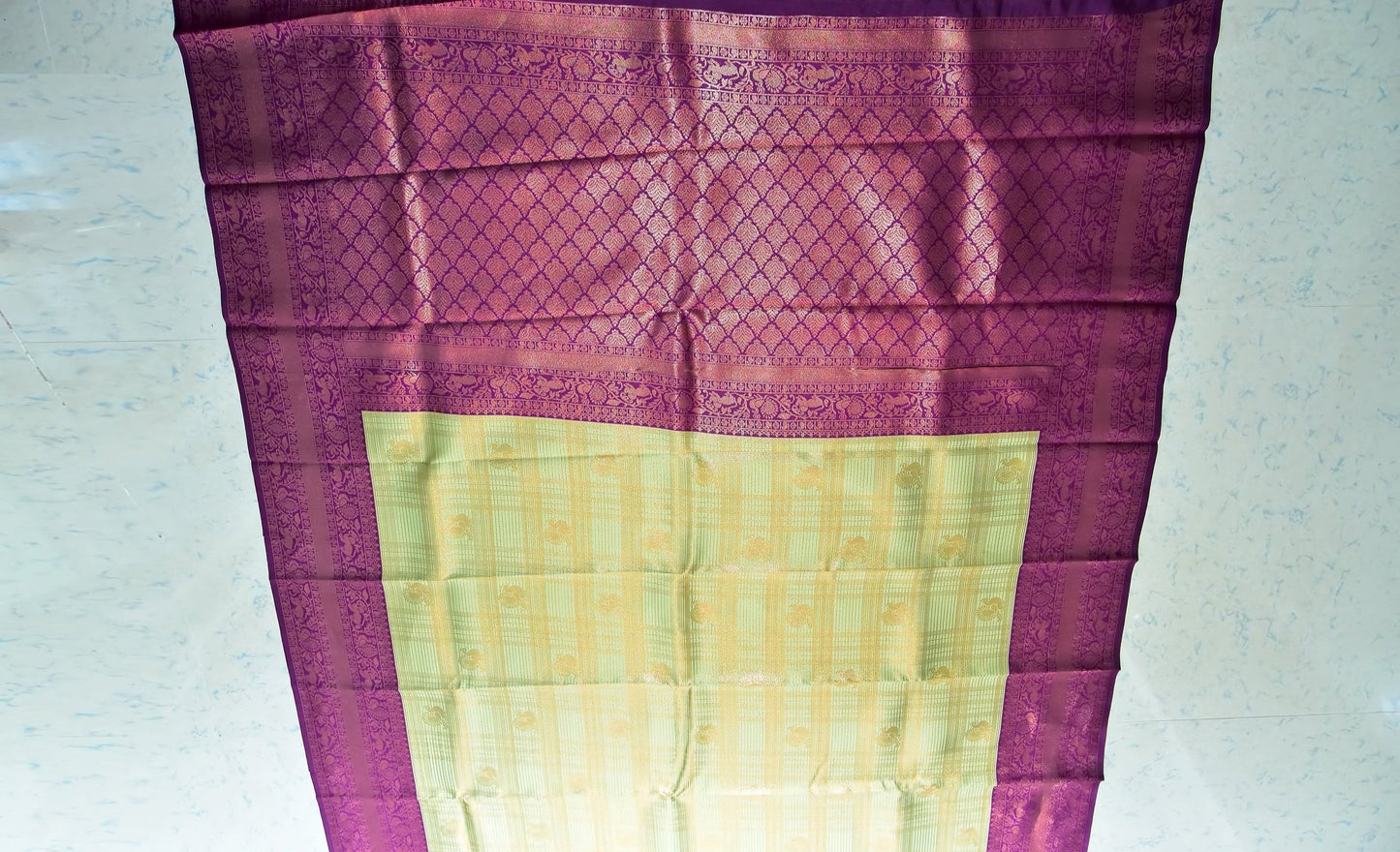 Mint Green and Wine Border Zari Chiffon Silk Saree with Unstitched Blouse