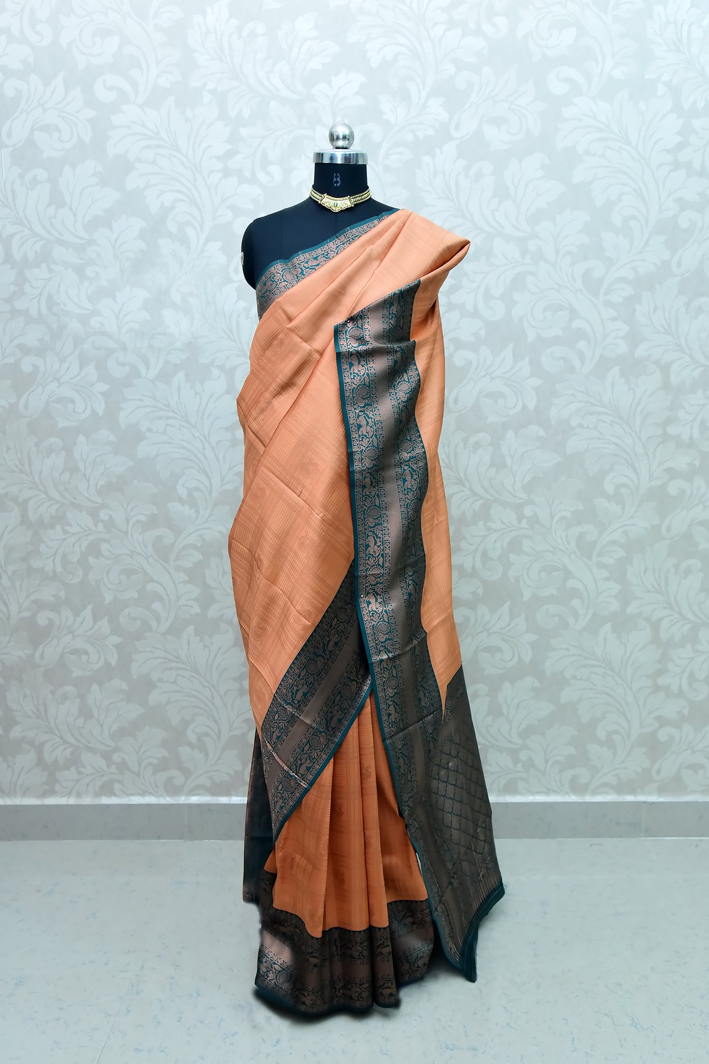 Dark Peach and Deep Green Border Zari Chiffon Silk Saree with Unstitched Blouse