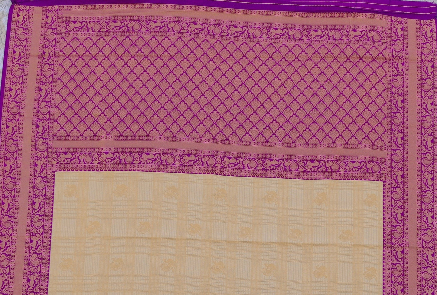 Golden Cream and Royal Purple Border Zari Chiffon Silk Saree with Unstitched Blouse