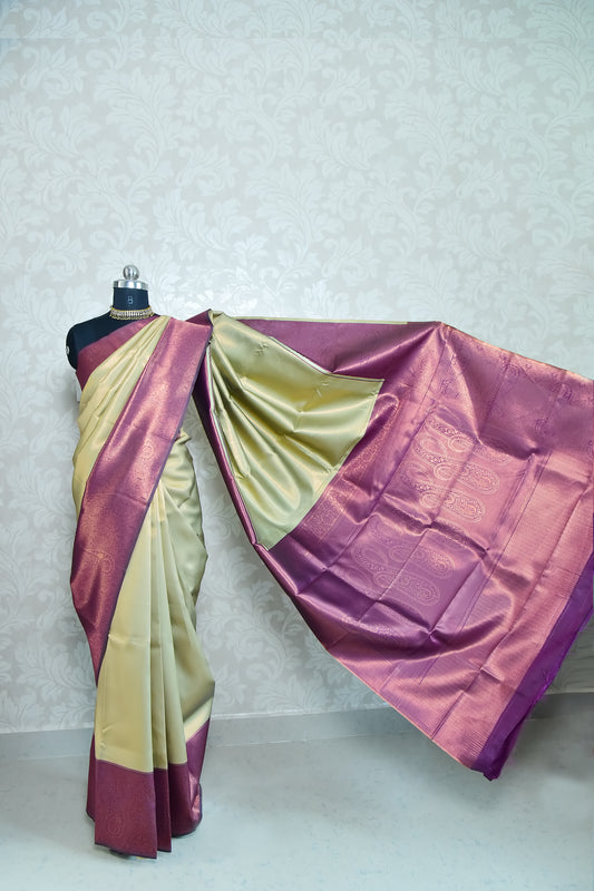 Khadi Gold and Wine Border Zari Chiffon Silk Saree with Unstitched Blouse