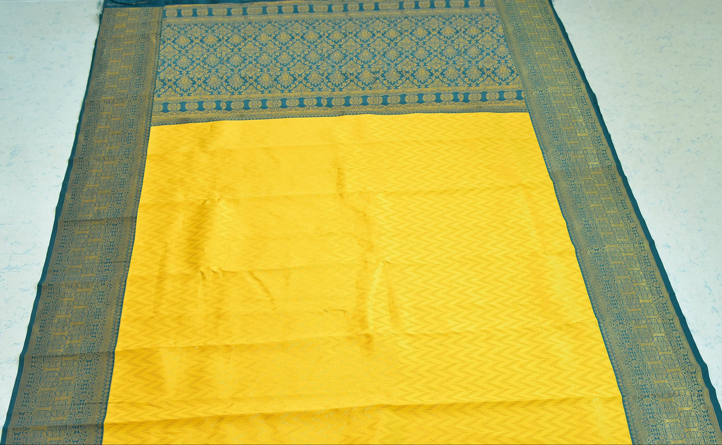 Mustard Yellow and Deep Green Border Zari Chiffon Silk Saree with Unstitched Blouse
