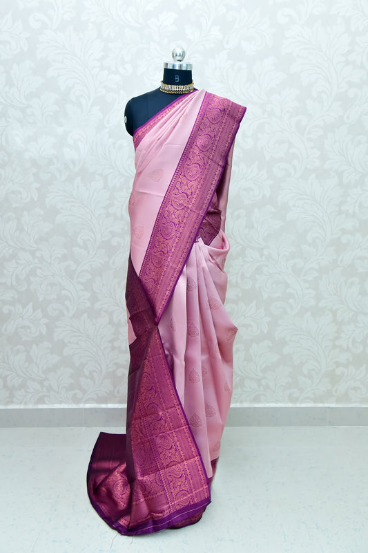 Pink and Wine Border Zari Chiffon Silk Saree with Unstitched Blouse