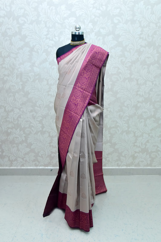 Grey and Wine Border Zari Chiffon Silk Saree with Unstitched Blouse
