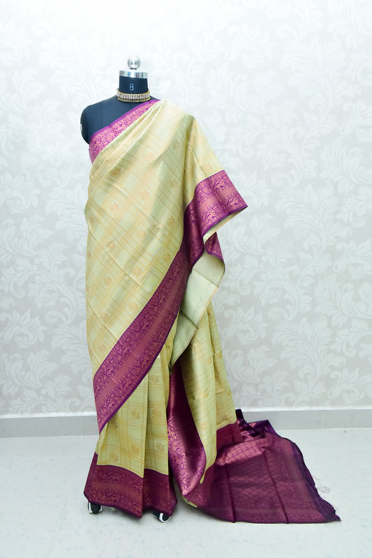 Mint Green and Wine Border Zari Chiffon Silk Saree with Unstitched Blouse