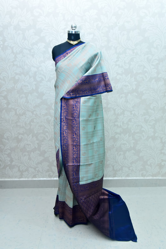 Sky Blue and Royal Blue Border Zari Chiffon Silk Saree with Unstitched Blouse