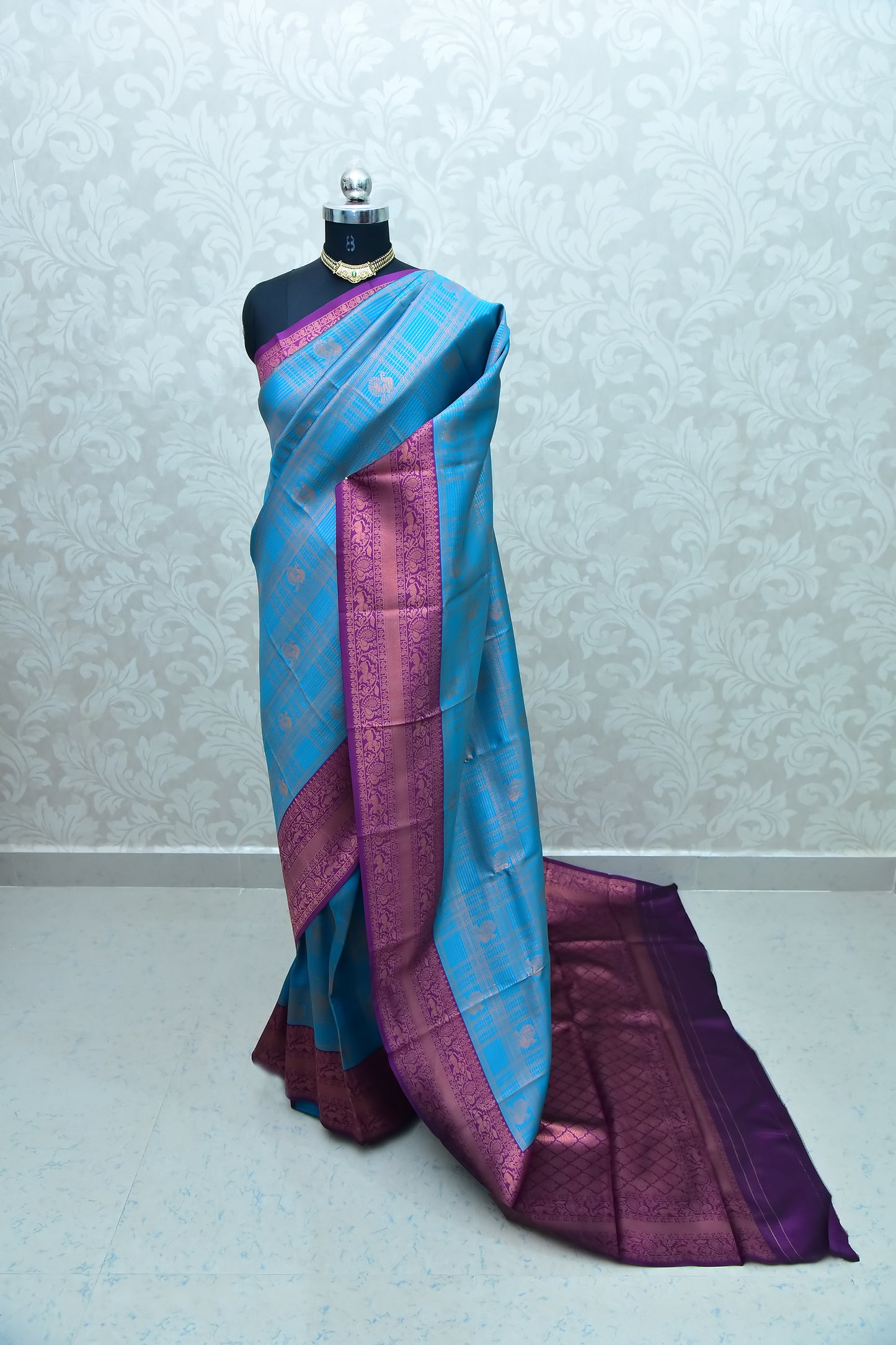 Rama Blue and Purple Border Zari Chiffon Silk Saree with Unstitched Blouse