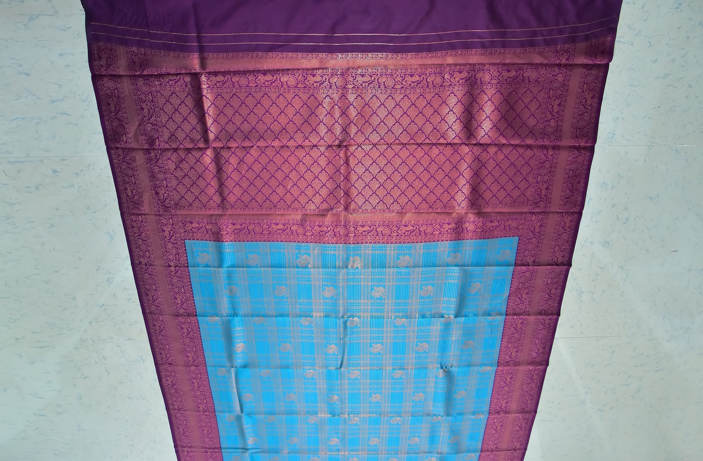 Rama Blue and Purple Border Zari Chiffon Silk Saree with Unstitched Blouse
