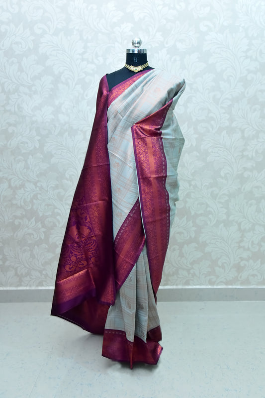 Silver Grey and Wine Border Zari Chiffon Silk Saree with Unstitched Blouse