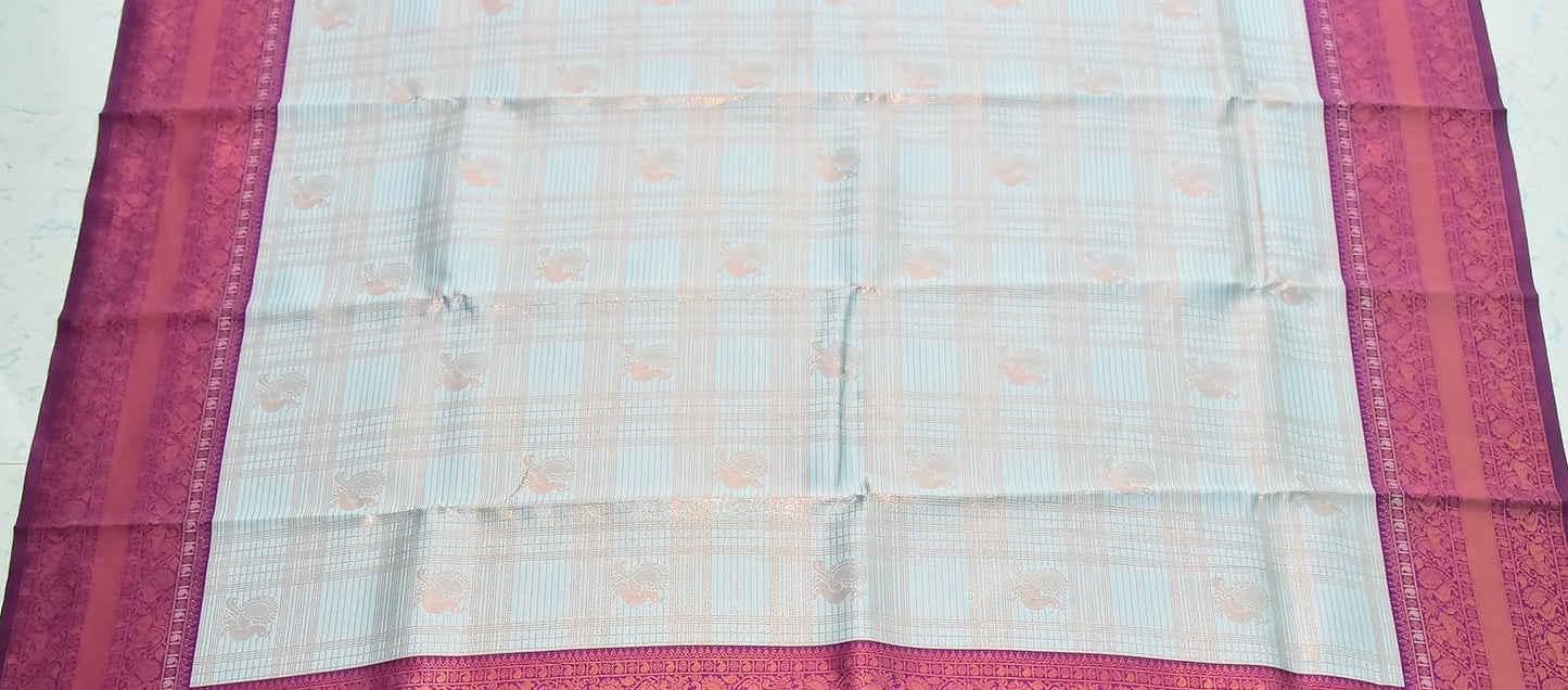 Silver Grey and Wine Border Zari Chiffon Silk Saree with Unstitched Blouse