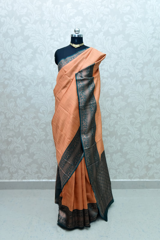 Dark Peach and Deep Green Border Zari Chiffon Silk Saree with Unstitched Blouse
