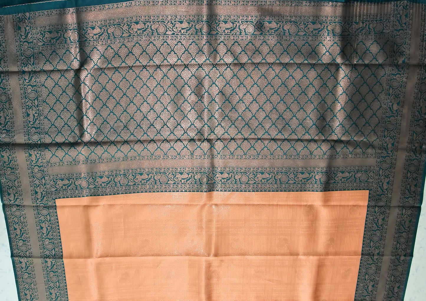 Dark Peach and Deep Green Border Zari Chiffon Silk Saree with Unstitched Blouse