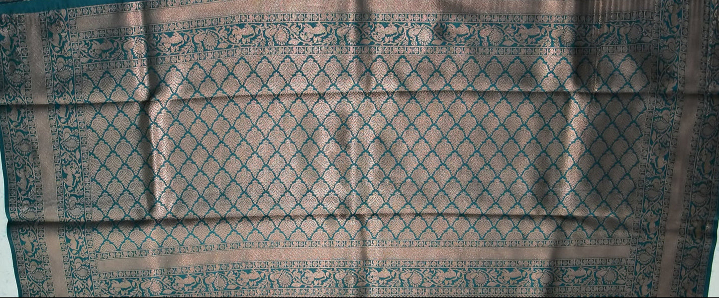 Dark Peach and Deep Green Border Zari Chiffon Silk Saree with Unstitched Blouse