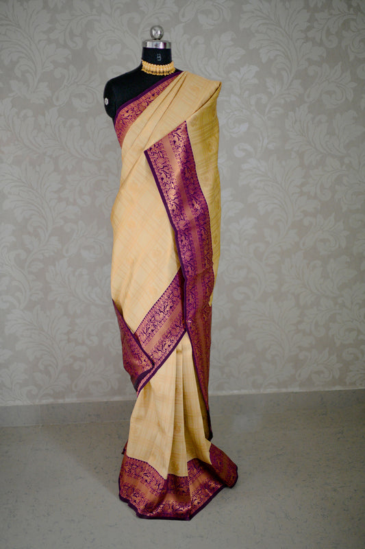 Golden Cream and Royal Purple Border Zari Chiffon Silk Saree with Unstitched Blouse
