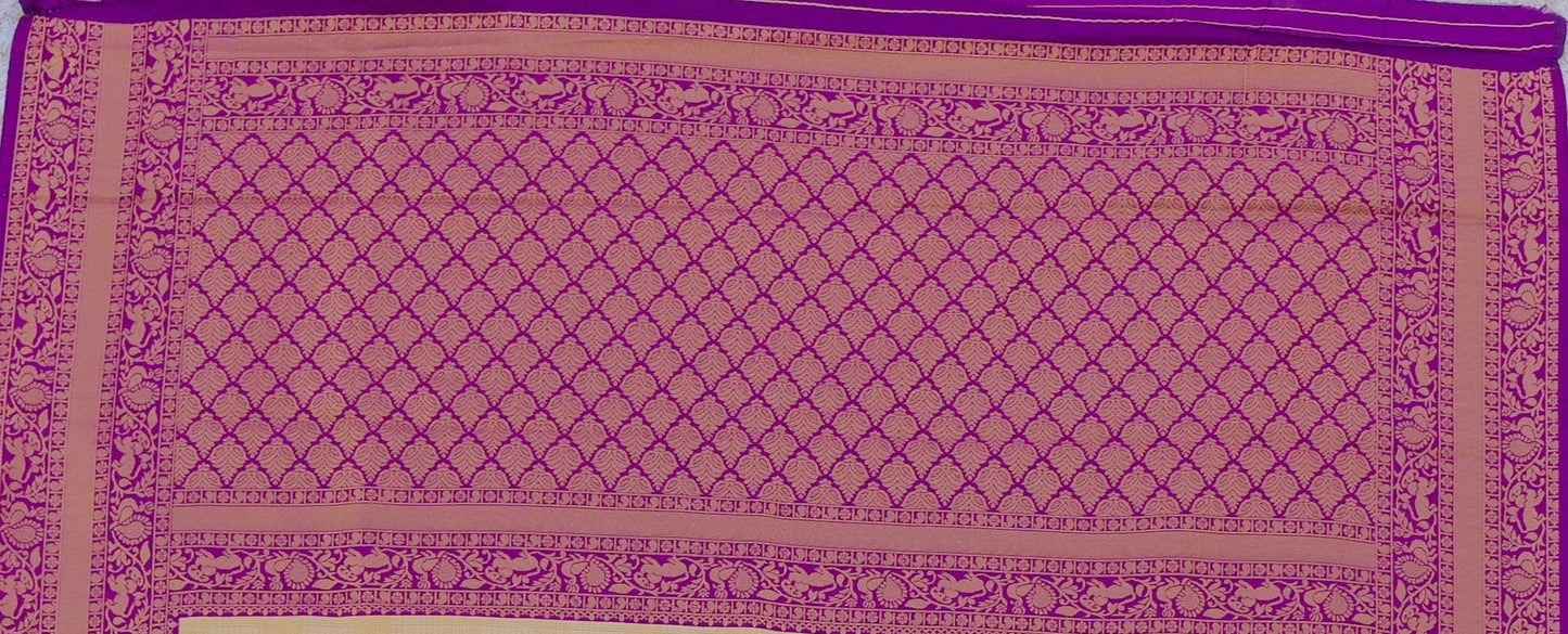 Golden Cream and Royal Purple Border Zari Chiffon Silk Saree with Unstitched Blouse