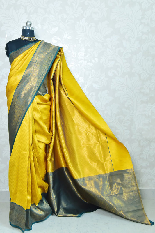 Mustard Yellow and Deep Green Border Zari Chiffon Silk Saree with Unstitched Blouse